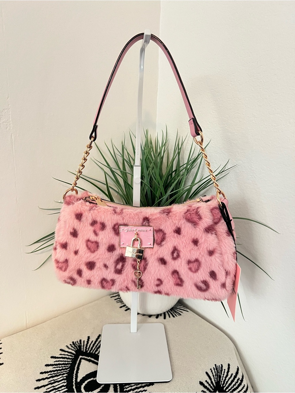Juicy Couture Pink Leopard Faux Fur Shoulder Bag with Lock Charm